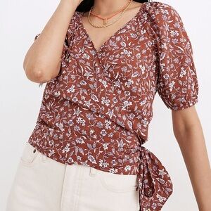 Madewell Puff Sleeve Floral V-neck Short Sleeve Wrap Crop Blouse
